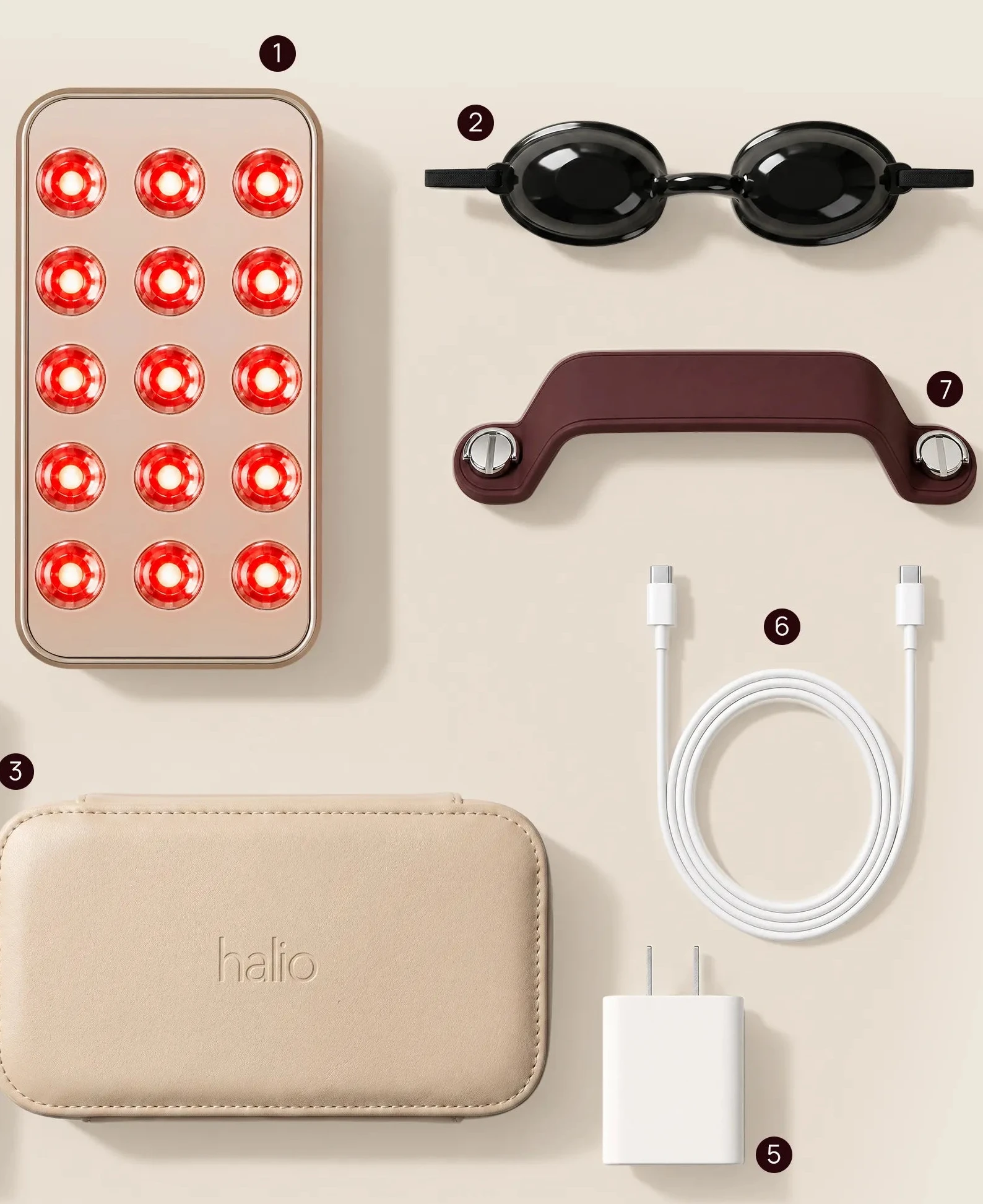 The panel, goggles, travel case, handle, adapter, cable and manual laid out