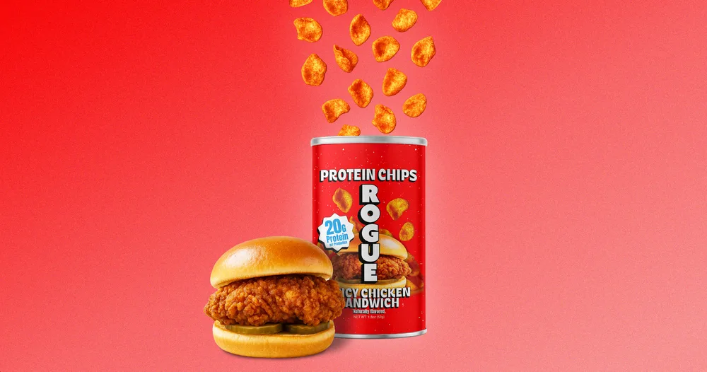 Spicy Chicken Sandwich Protein Chips can with a spicy chicken sandwich