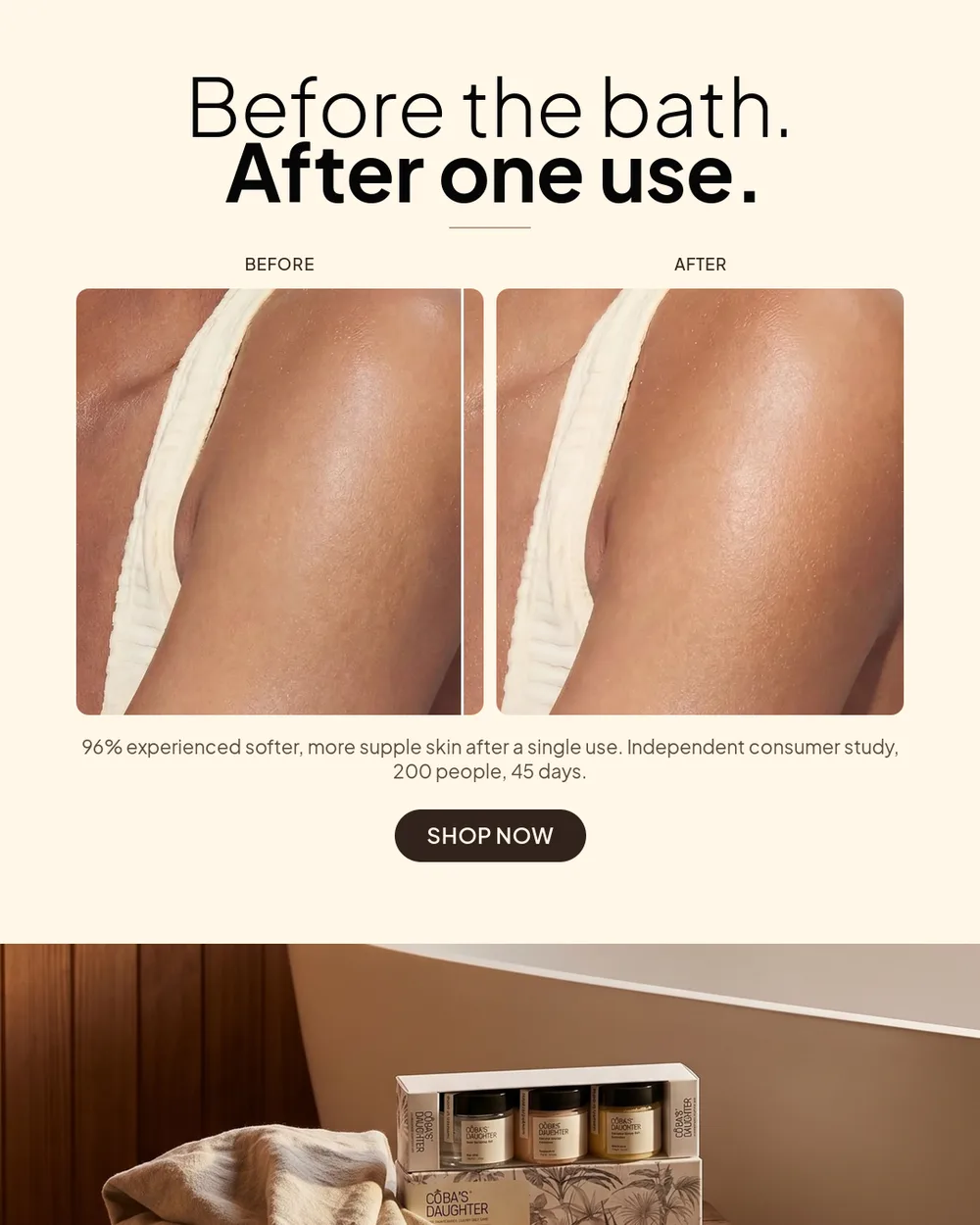 Before and after: softer, smoother skin after one use of CoBa’s Daughter Robusta coffee scrub
