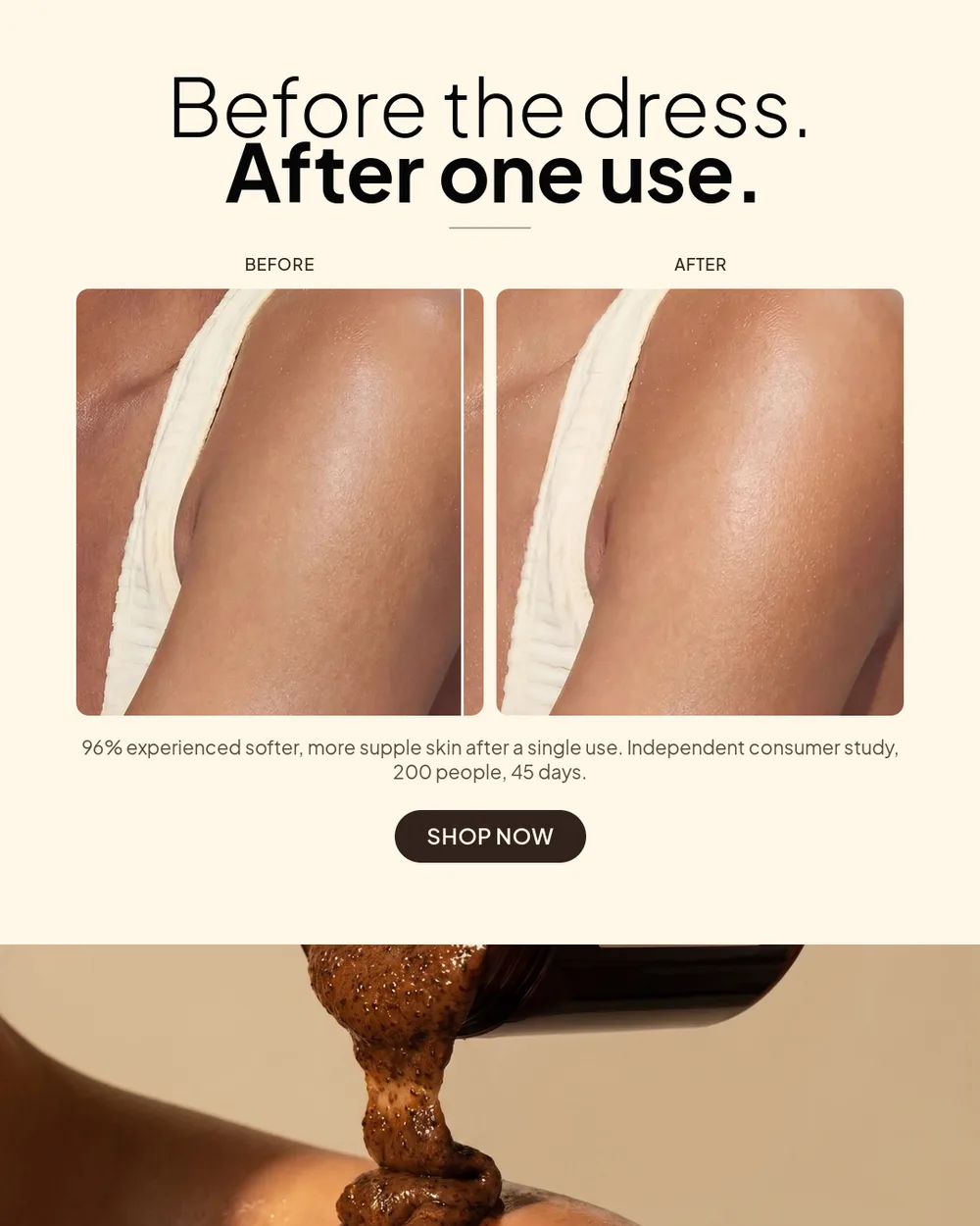 Before and after: softer, smoother skin after one use of CoBa’s Daughter Robusta coffee scrub