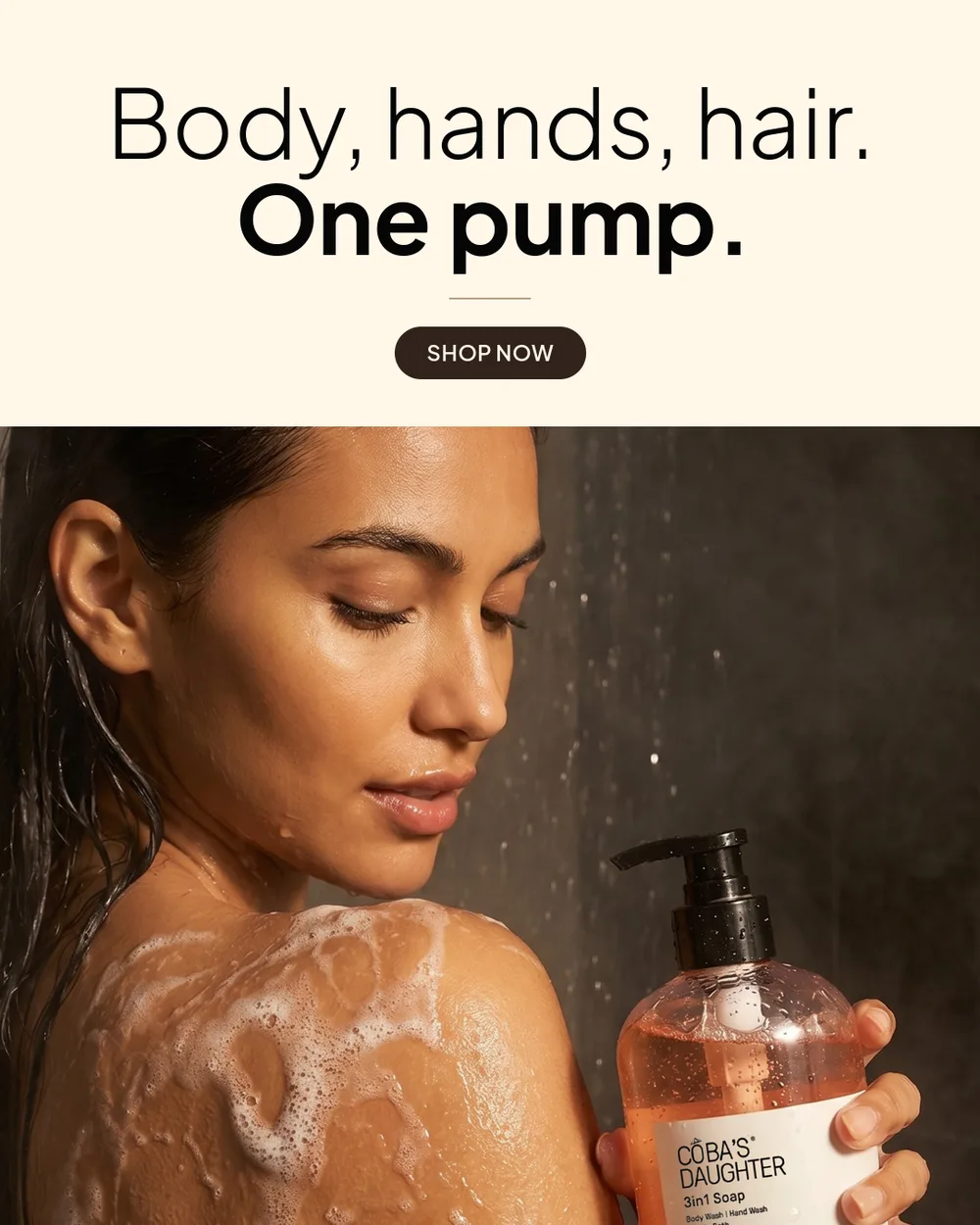 Woman in the shower holding the CoBa’s Daughter 3-in-1 soap