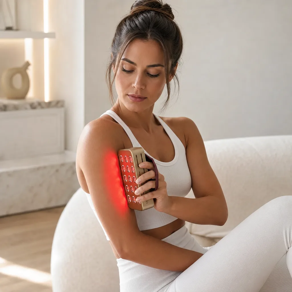 A woman beside the lit RegenBoost panel, red light across her shoulder
