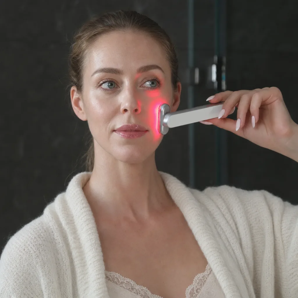 A woman using the red light wand along her cheekbone