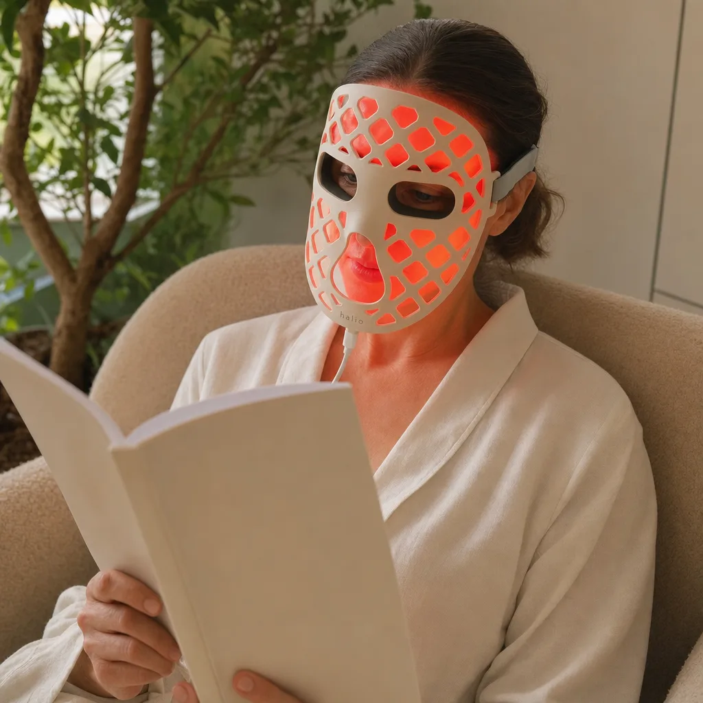 A woman in her late forties wearing the lit PureGlow mask