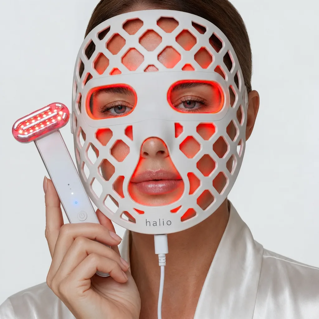 A woman wearing the lit PureGlow mask and holding the red light wand
