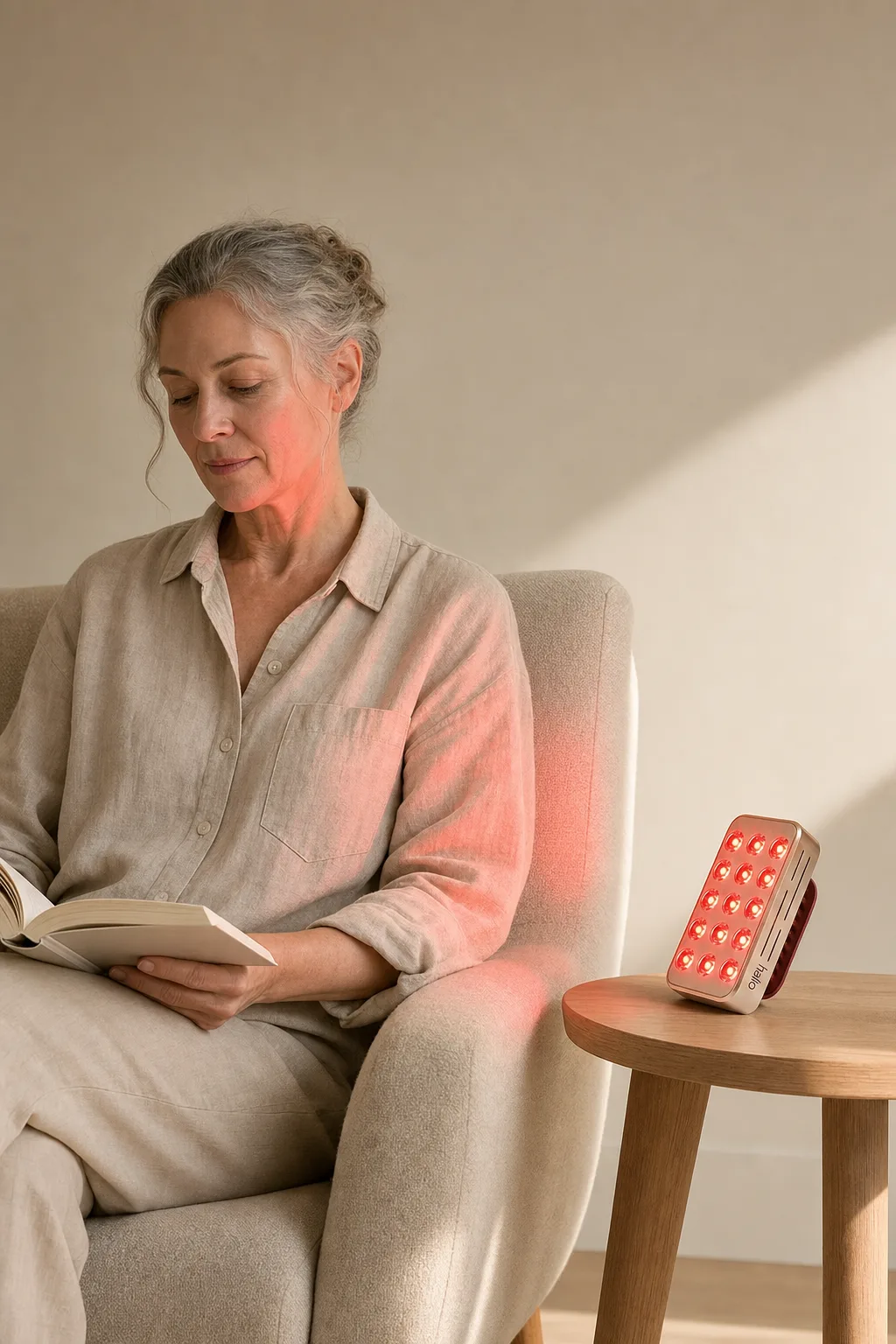 A woman in her fifties reading beside the RegenBoost panel