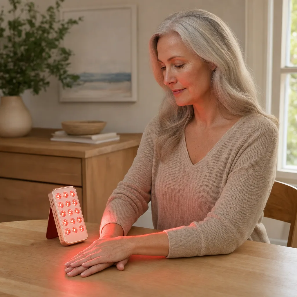 Woman in her early sixties with the RegenBoost panel aimed at her hands
