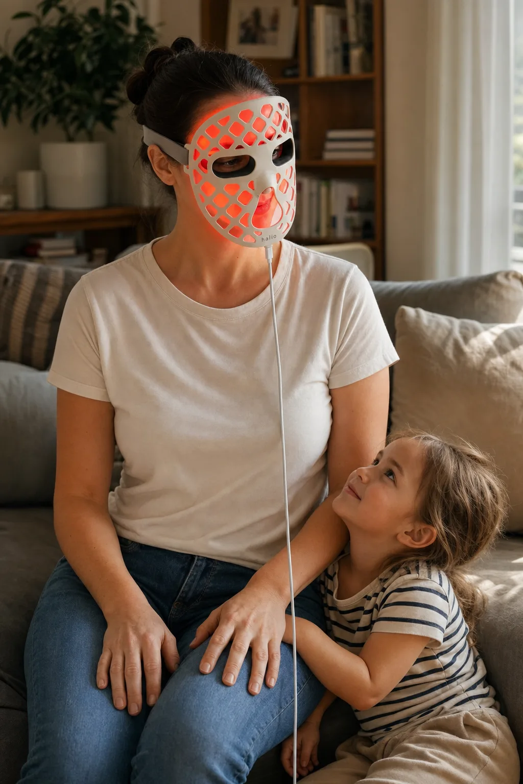 Mother in her late thirties wearing the PureGlow mask with her young child beside her