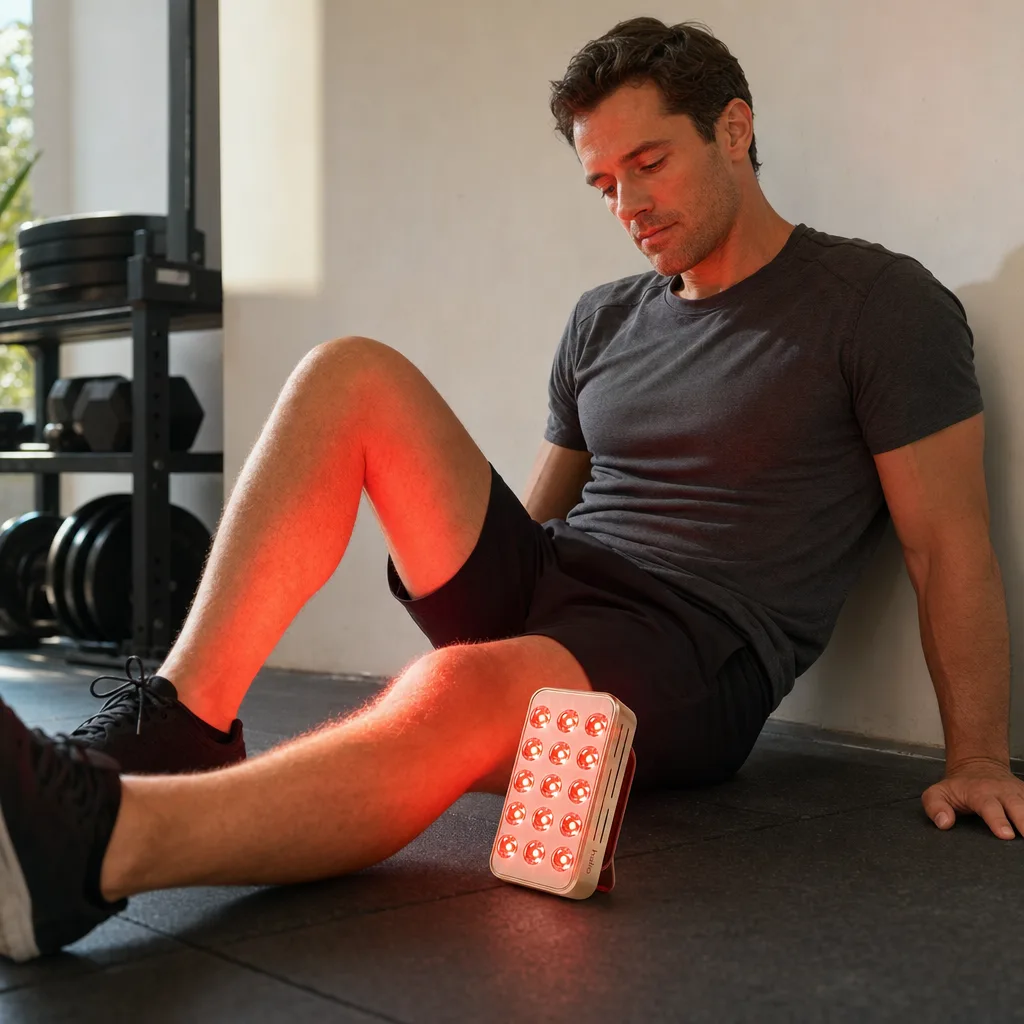 Man in his late thirties with the RegenBoost panel aimed at his knee