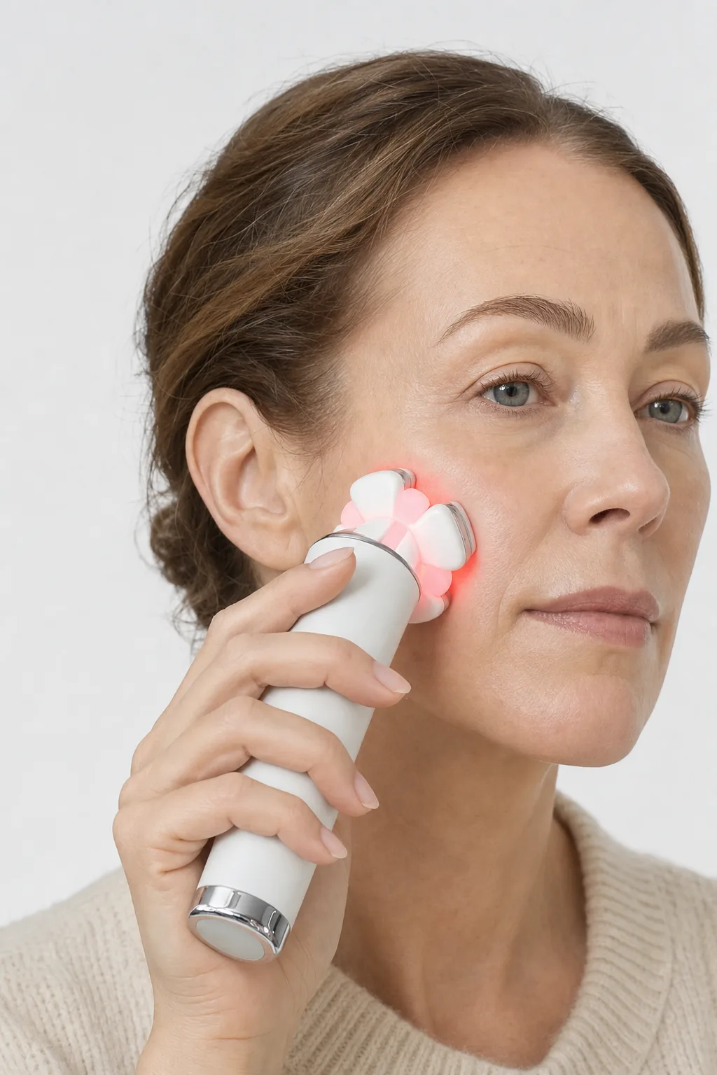Woman in her late forties using the RevitaWave wand at her bathroom mirror