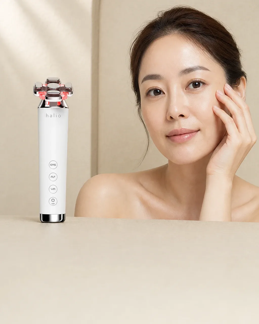 Halio RevitaWave Skin Rejuvenator, product left face right dark fade headline stack