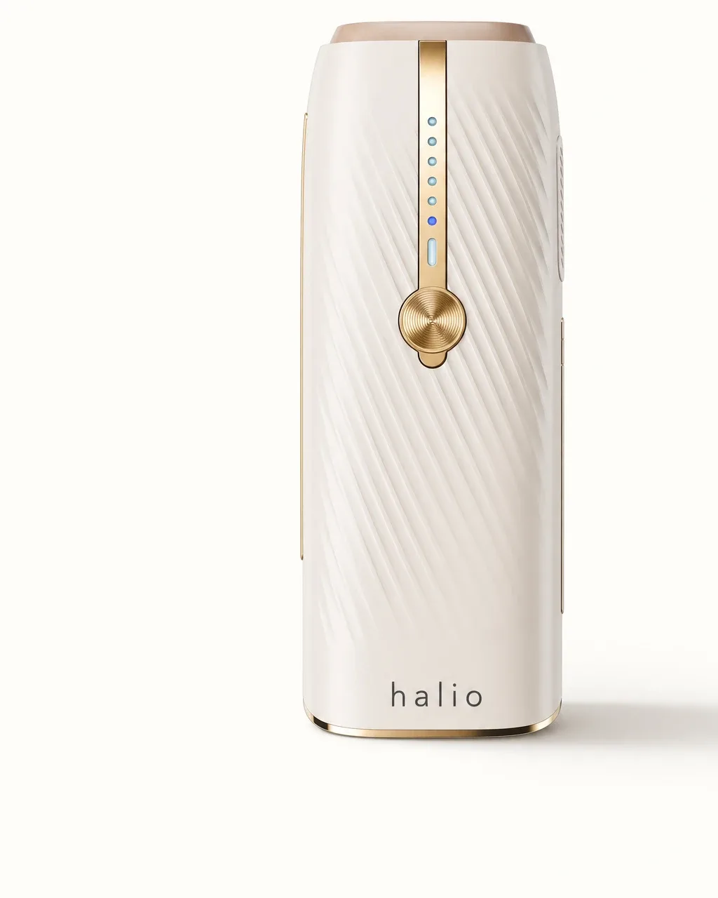 Halio InfinityGlow Advanced IPL Sapphire Cooling Hair Removal Device, white field upright tool detached cap left