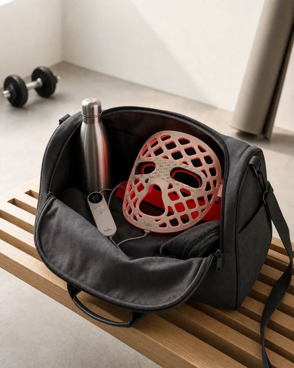 Halio PureGlow Ultralite Silicone LED Face Mask Pro, gym bag open glowing mask two line top copy
