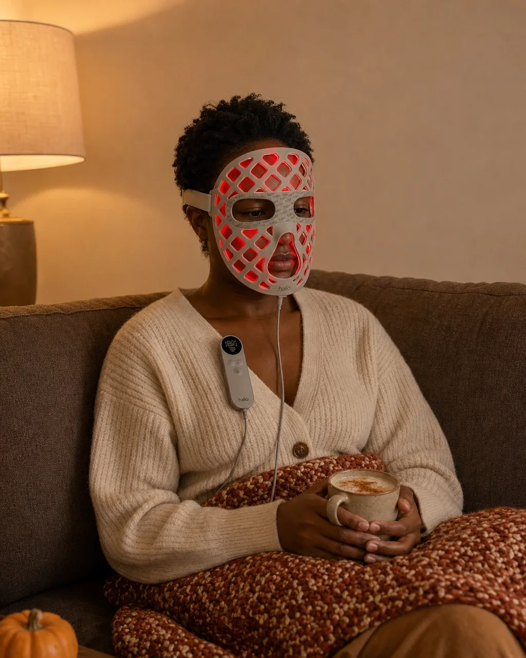 Halio PureGlow Ultralite Silicone LED Face Mask Pro, floating captions around masked user