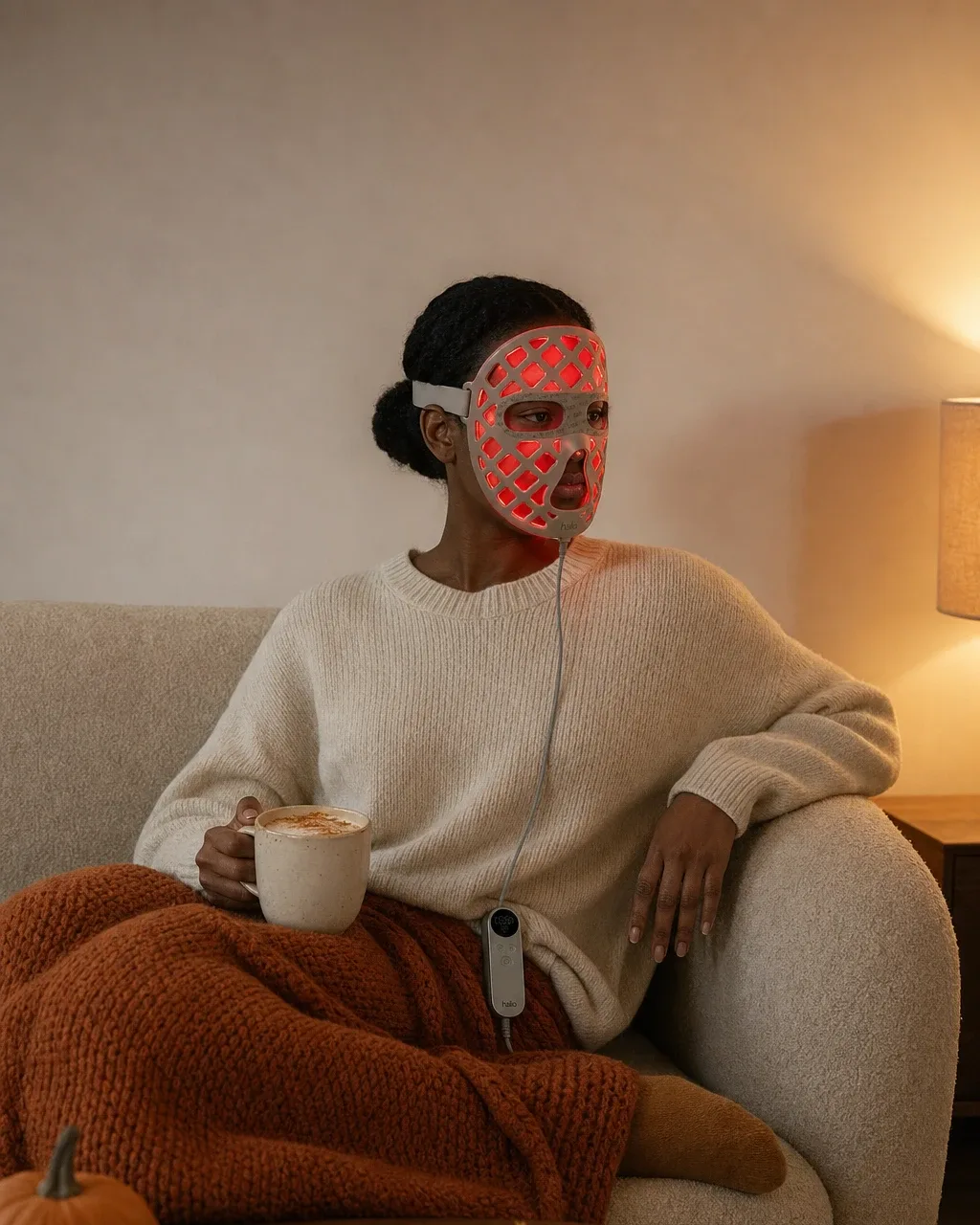 Halio PureGlow Ultralite Silicone LED Face Mask Pro, outlined caps caption full bleed candid user