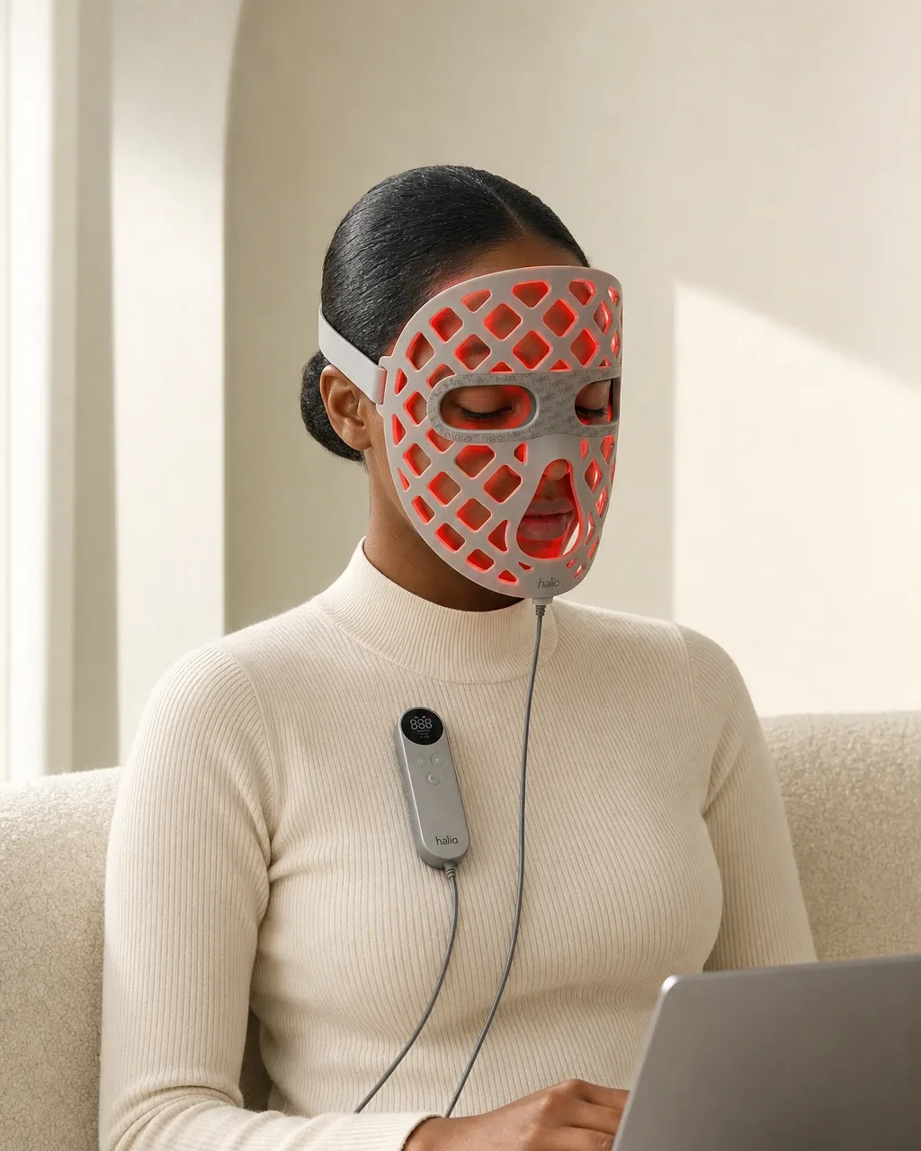 Halio PureGlow Ultralite Silicone LED Face Mask Pro, breaking headline photo band badge row pill