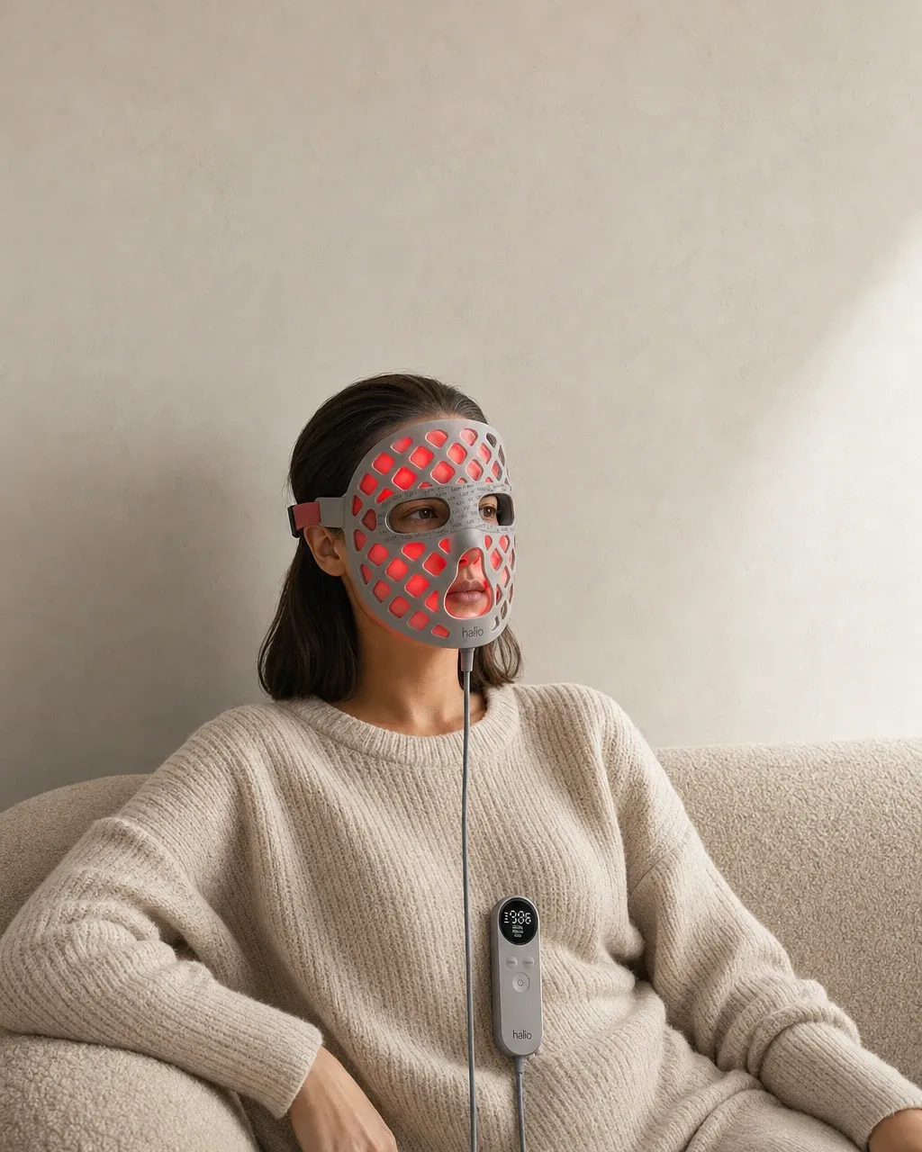 Halio PureGlow Ultralite Silicone LED Face Mask Pro, caps headline over masked user subline chip stac
