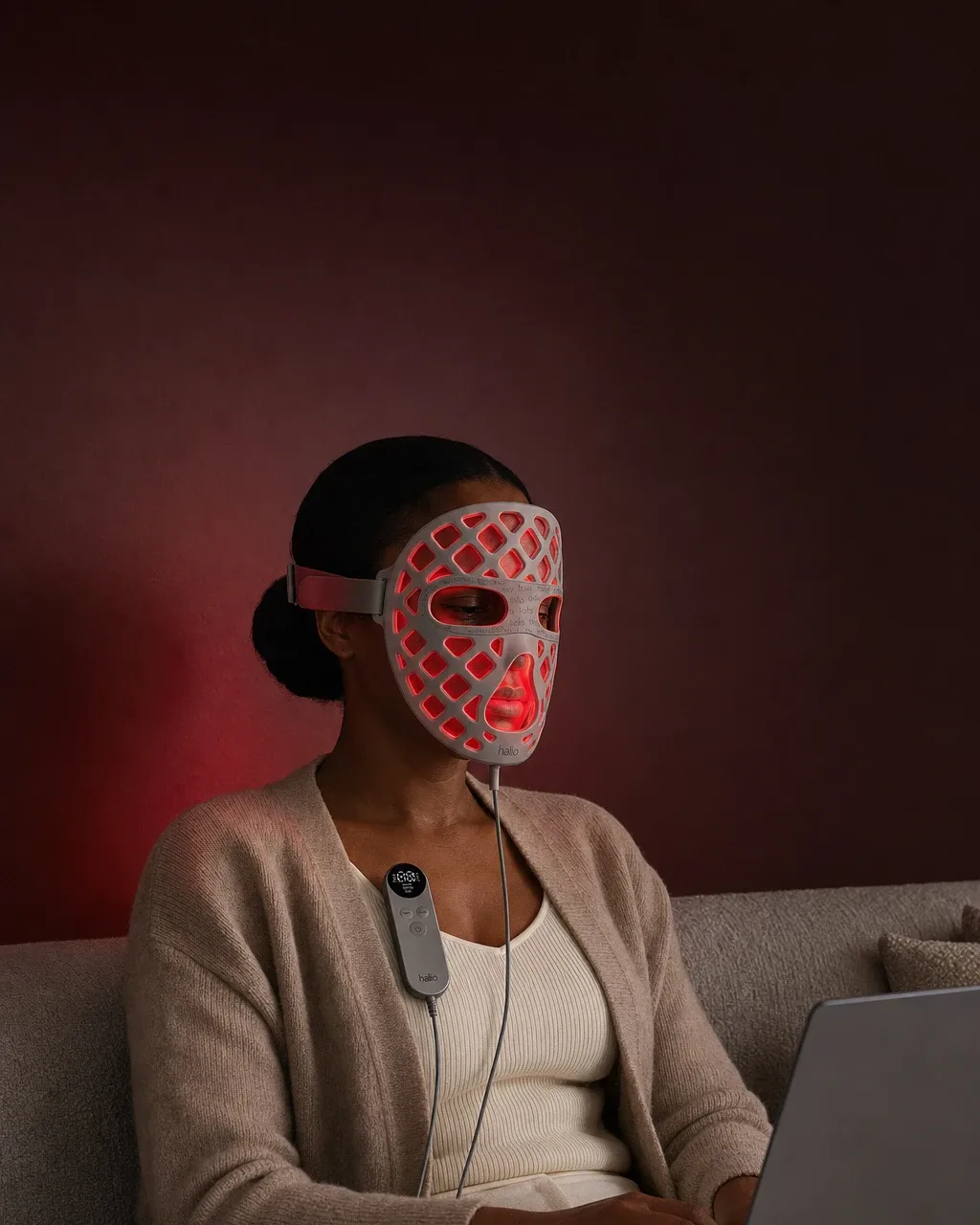 Halio PureGlow Ultralite Silicone LED Face Mask Pro, dark glow field two stacked chips over masked us