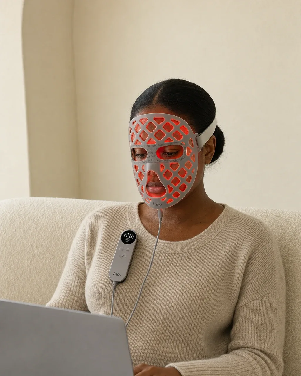 Halio PureGlow Ultralite Silicone LED Face Mask Pro, casual portrait two line headline five floating