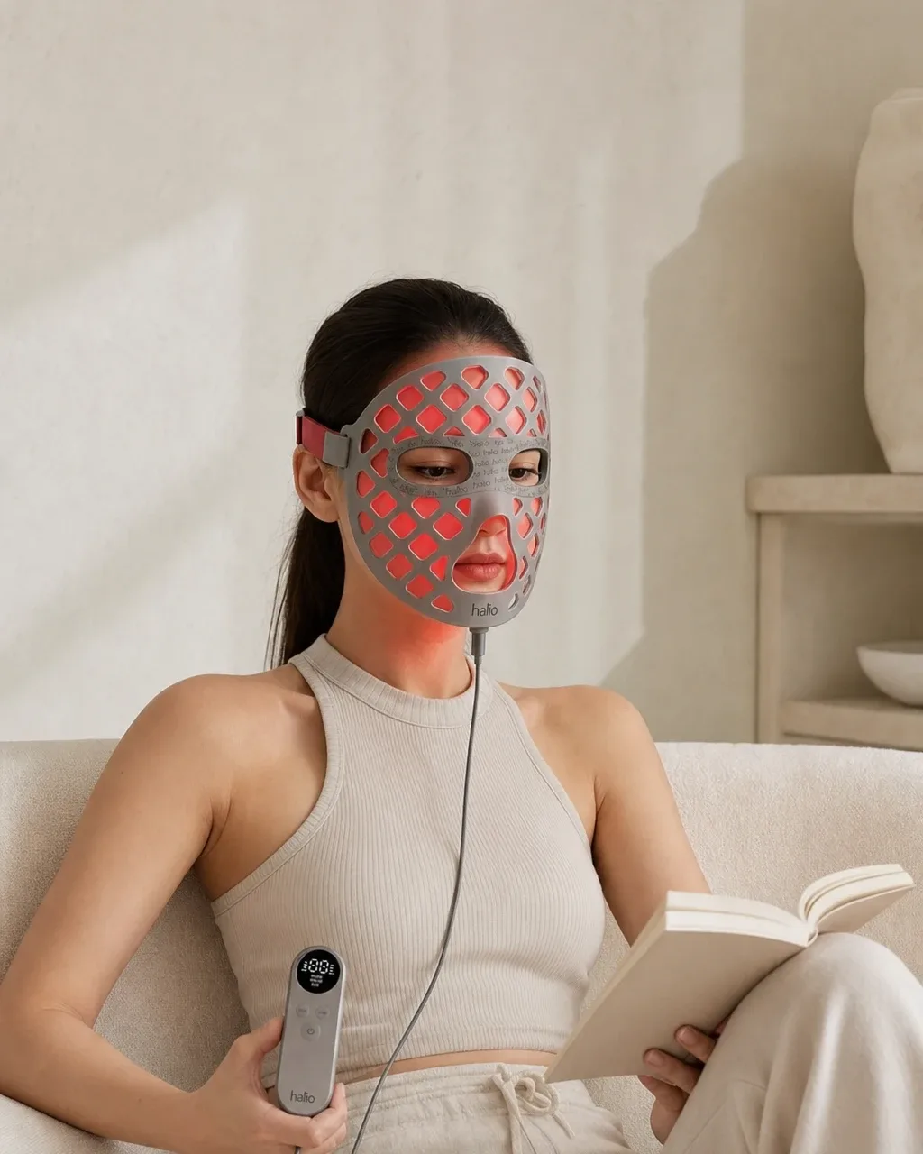 Halio PureGlow Ultralite Silicone LED Face Mask Pro, pale field upright glowing device base glow top