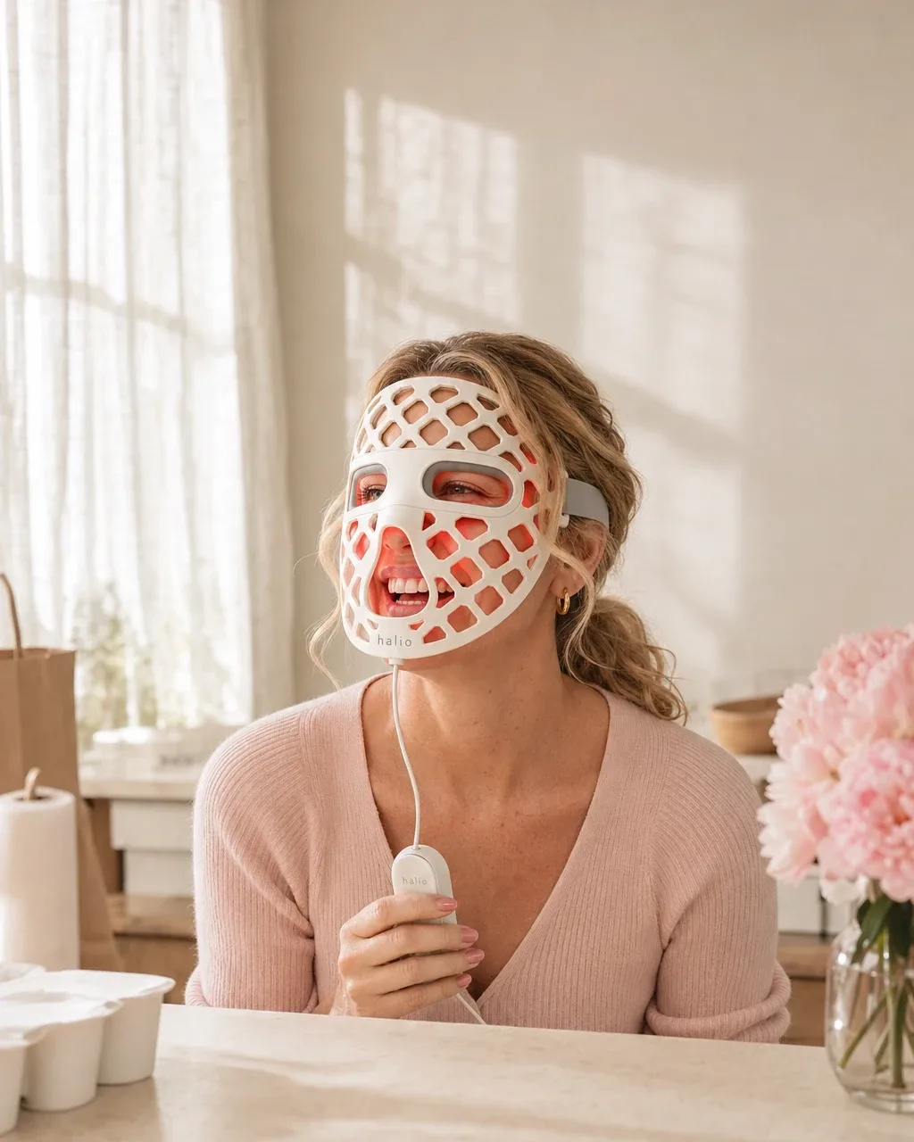 Halio PureGlow Ultralite Silicone LED Face Mask, struck concern panel smiling masked user subline