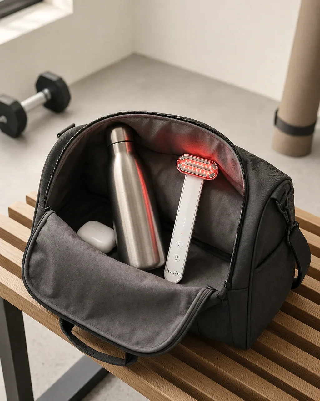 Halio Red Light Therapy Device, open duffel glowing wand two line top caption