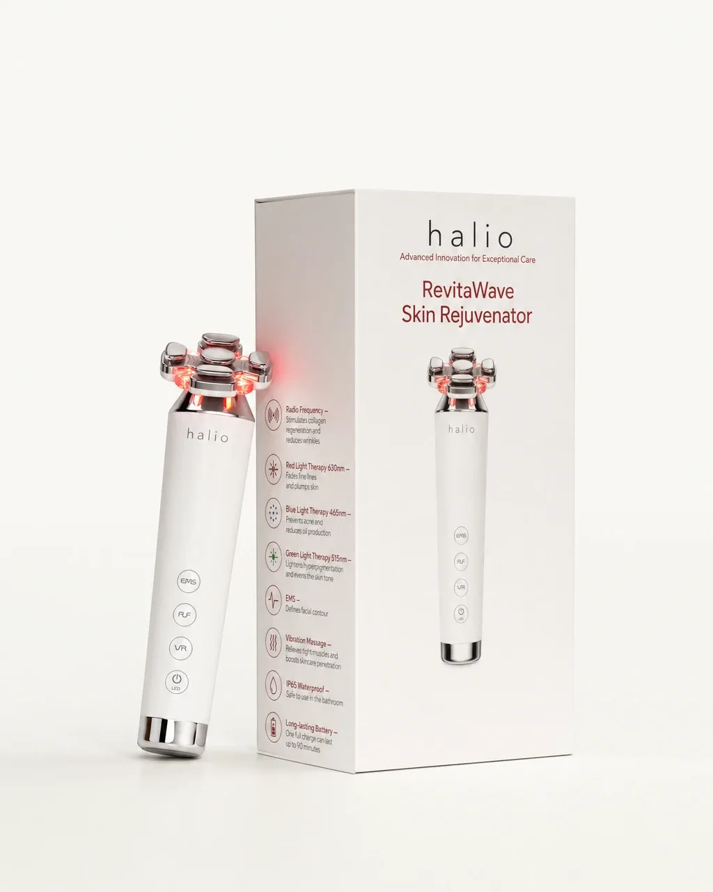 Halio RevitaWave Skin Rejuvenator, white field top headline standing carton leaning