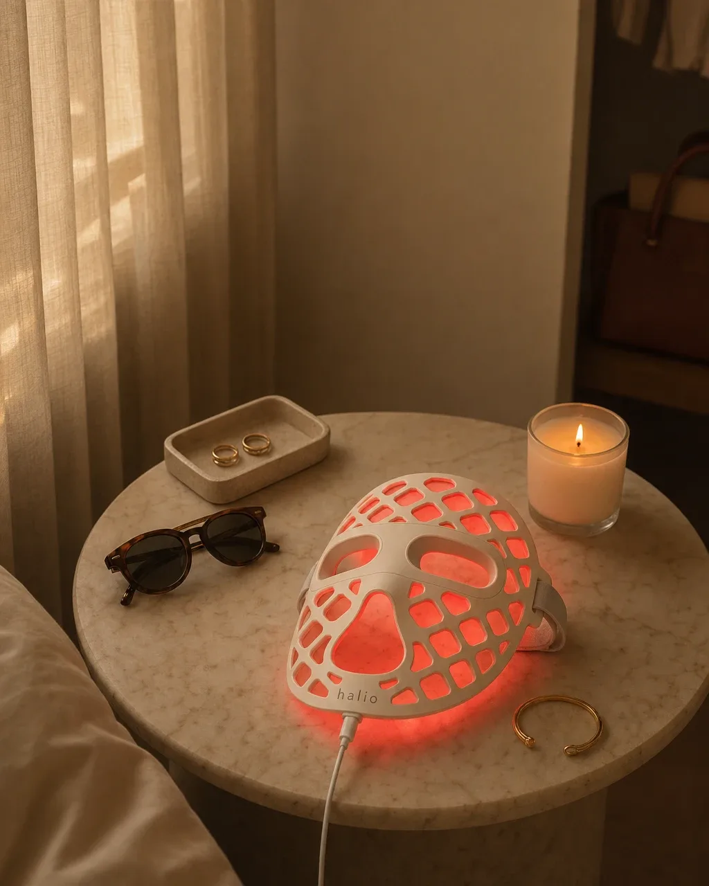 Halio PureGlow Ultralite Silicone LED Face Mask, nightstand checklist over glowing tabletop mask