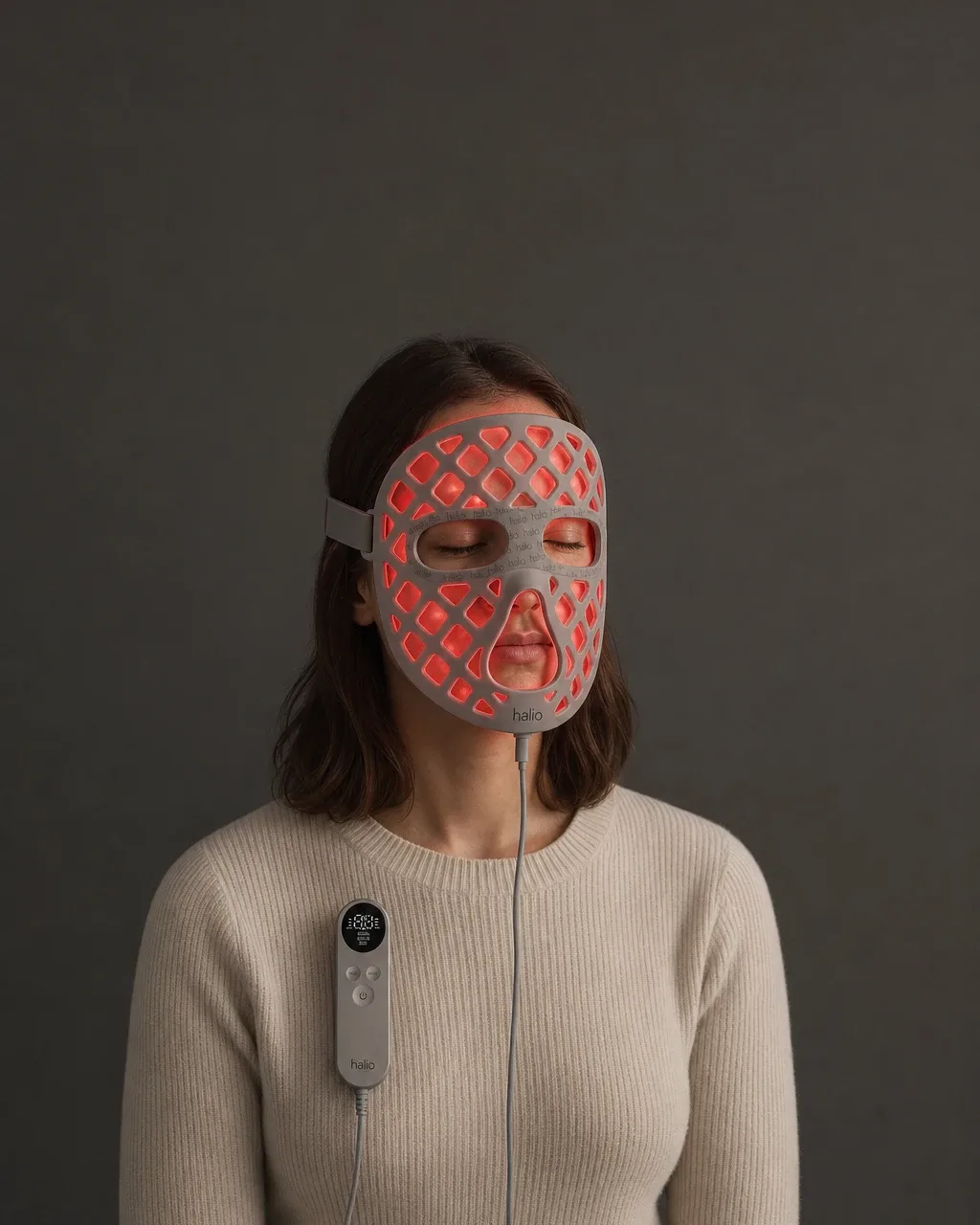 Halio PureGlow Ultralite Silicone LED Face Mask Pro, myth fact twin cards over dark masked portrait p