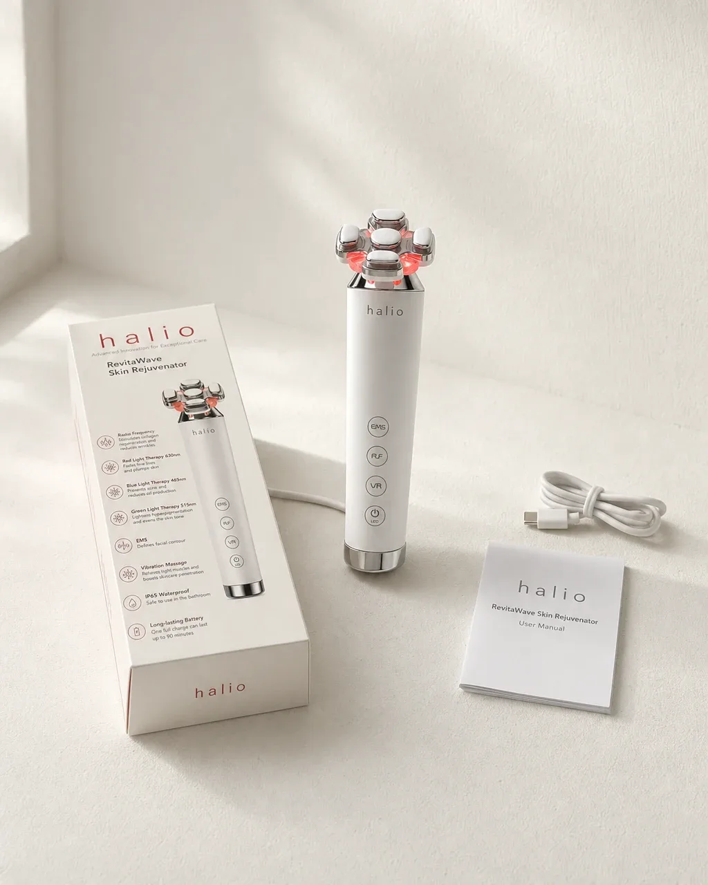 Halio RevitaWave Skin Rejuvenator, white field product display hero centre companio